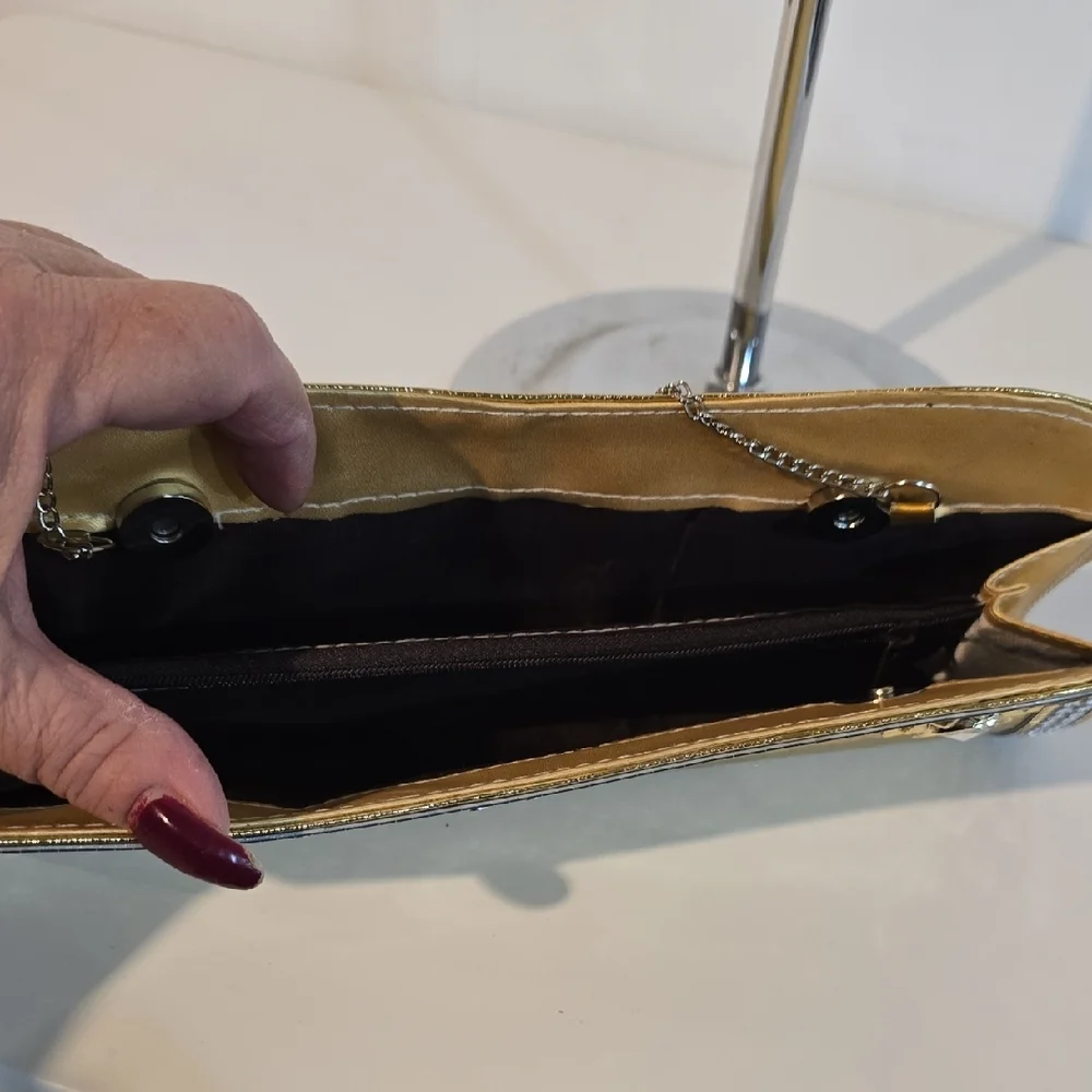 Elegant Gold Clutch with Rhinestone Detailing Evening Cocktails Holidays Medium